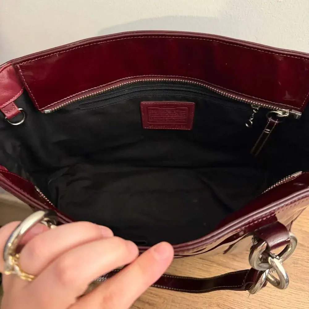 Coach Burgundy Patent Leather Tote Bag with Turnlock Pockets